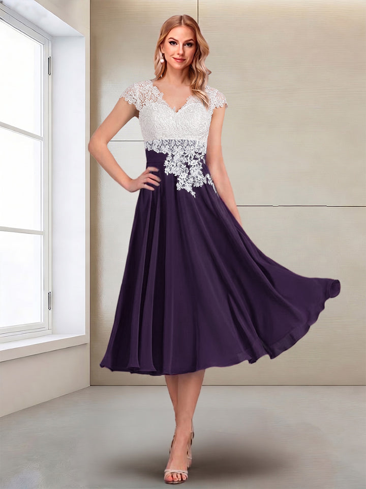 A-Line/Princess Cap Sleeves V-Neck Tea-Length Mother of the Bride with Appliques