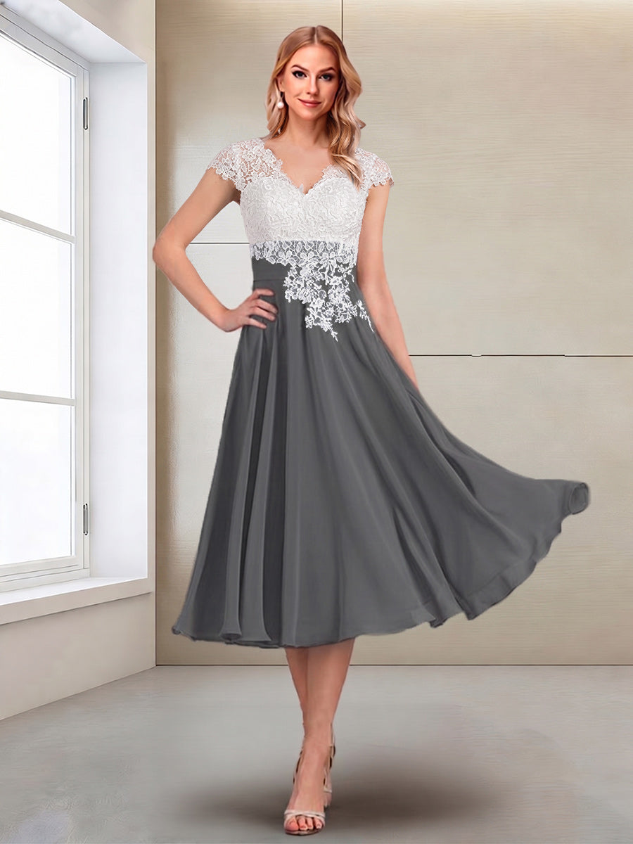 A-Line/Princess Cap Sleeves V-Neck Tea-Length Mother of the Bride with Appliques