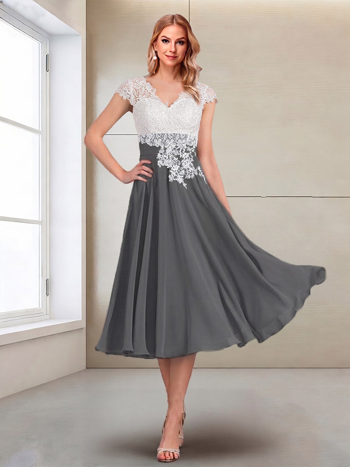 A-Line/Princess Cap Sleeves V-Neck Tea-Length Mother of the Bride with Appliques