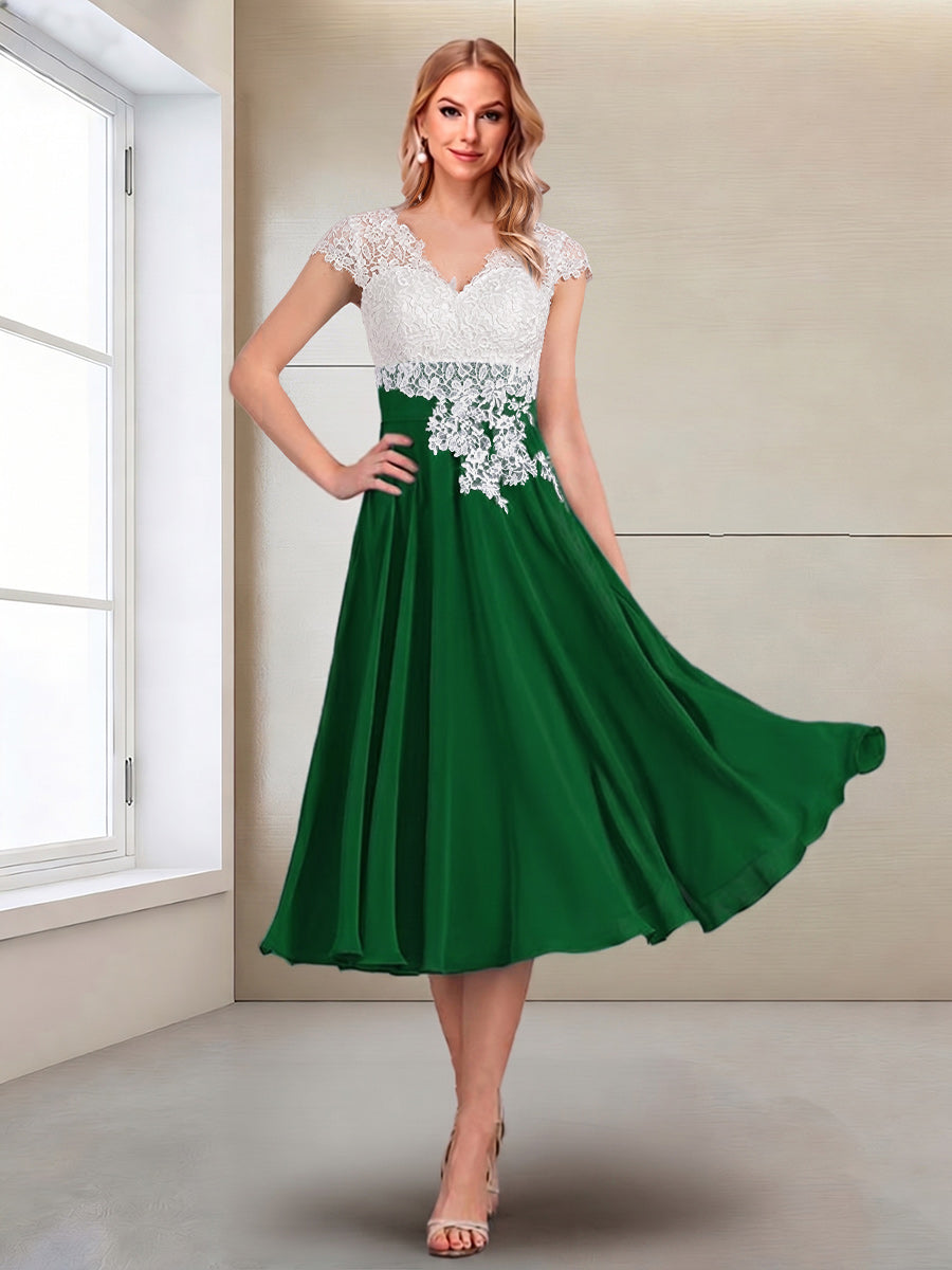A-Line/Princess Cap Sleeves V-Neck Tea-Length Mother of the Bride with Appliques