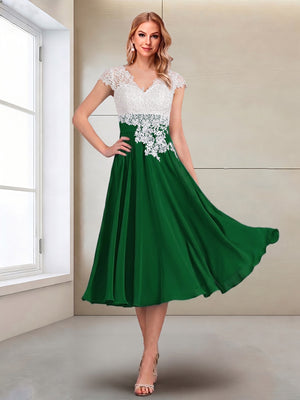 A-Line/Princess Cap Sleeves V-Neck Tea-Length Mother of the Bride with Appliques
