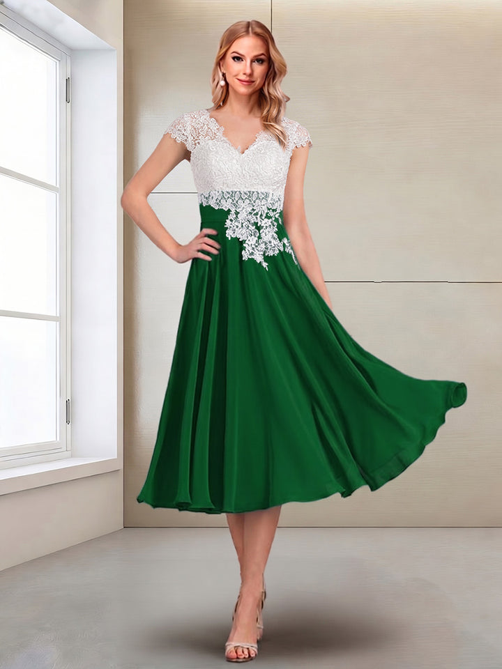 A-Line/Princess Cap Sleeves V-Neck Tea-Length Mother of the Bride with Appliques
