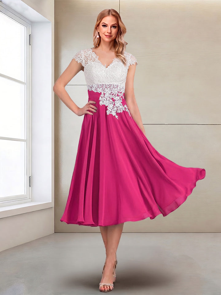A-Line/Princess Cap Sleeves V-Neck Tea-Length Mother of the Bride with Appliques