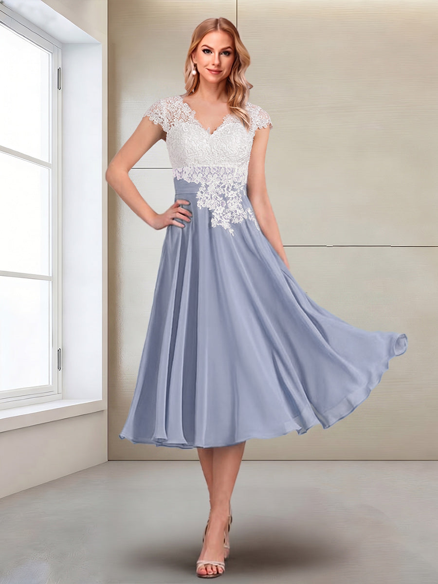 A-Line/Princess Cap Sleeves V-Neck Tea-Length Mother of the Bride with Appliques