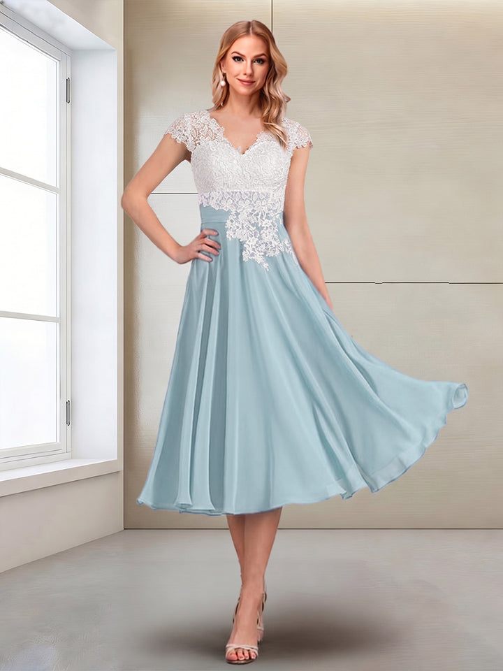 A-Line/Princess Cap Sleeves V-Neck Tea-Length Mother of the Bride with Appliques