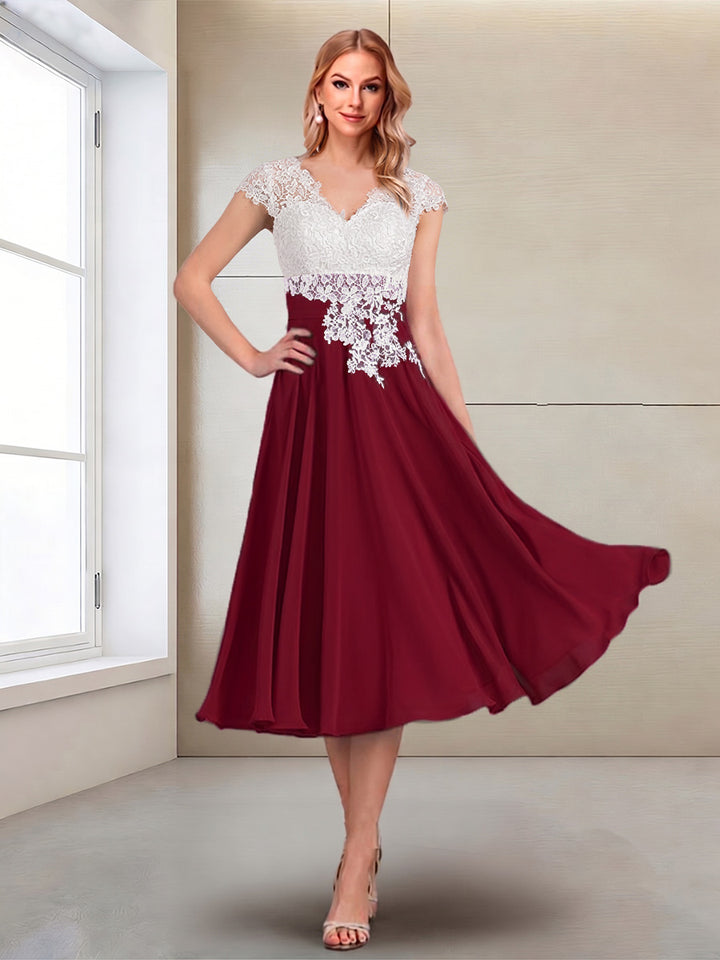 A-Line/Princess Cap Sleeves V-Neck Tea-Length Mother of the Bride with Appliques