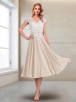 A-Line/Princess Cap Sleeves V-Neck Tea-Length Mother of the Bride with Appliques