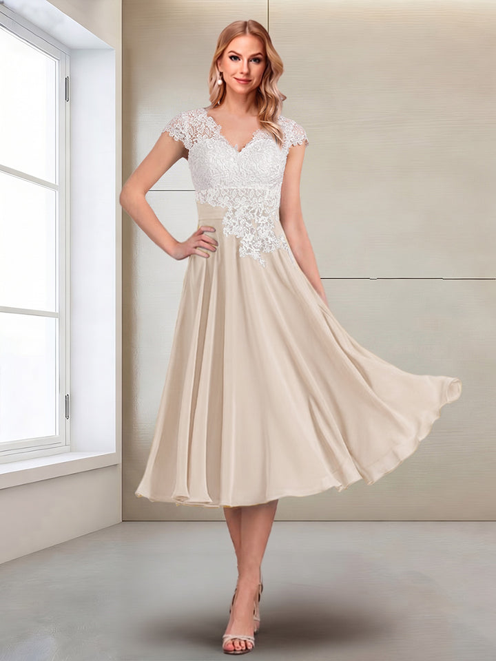 A-Line/Princess Cap Sleeves V-Neck Tea-Length Mother of the Bride with Appliques