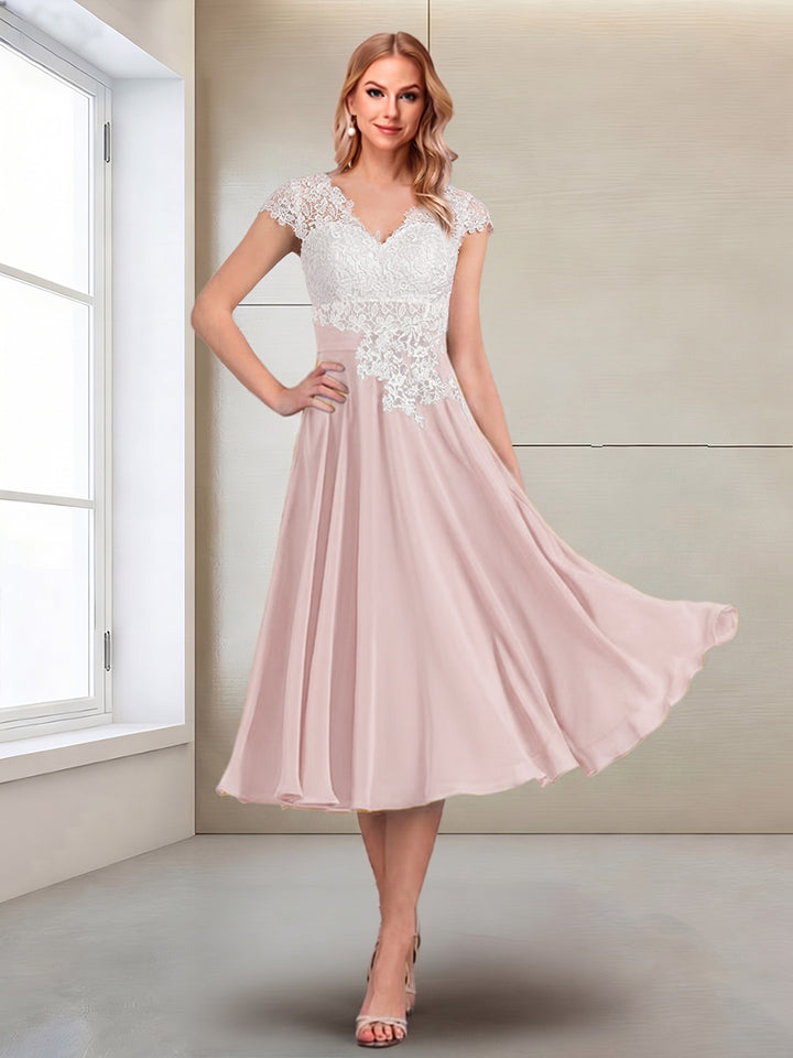 A-Line/Princess Cap Sleeves V-Neck Tea-Length Mother of the Bride with Appliques