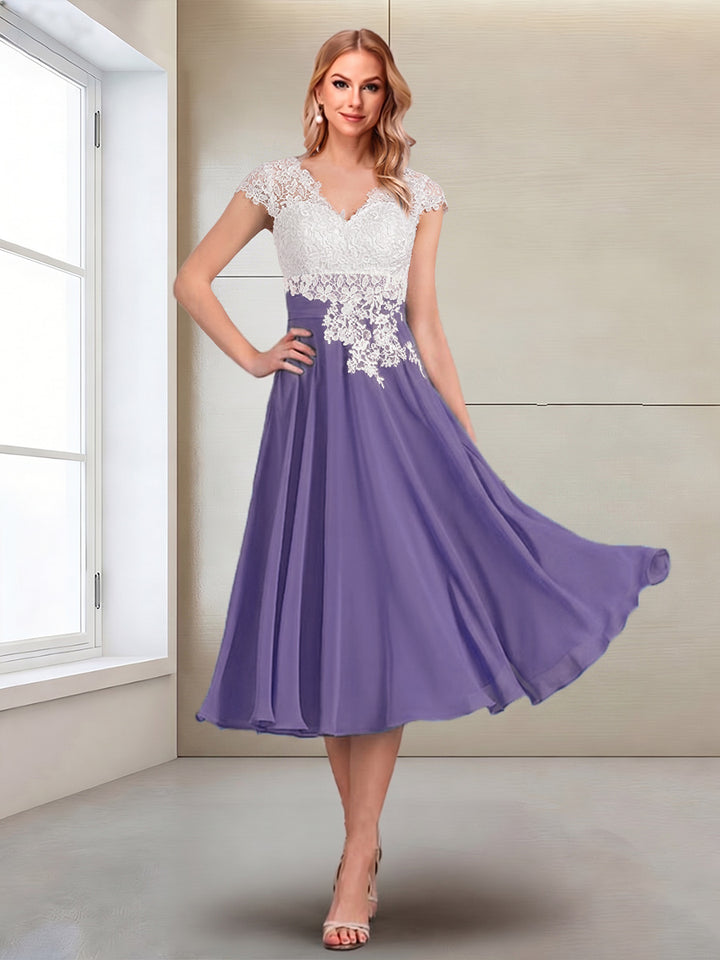 A-Line/Princess Cap Sleeves V-Neck Tea-Length Mother of the Bride with Appliques