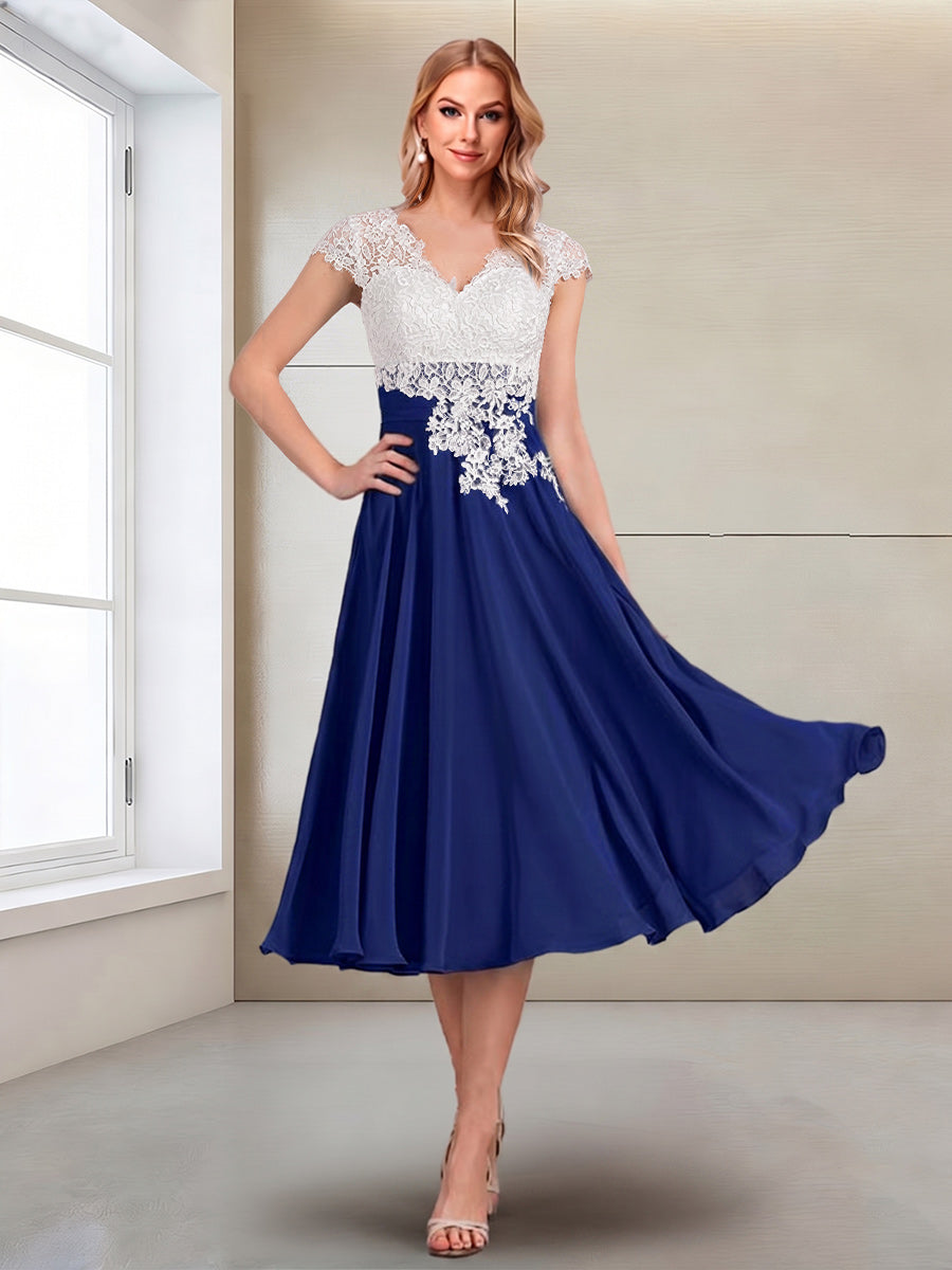 A-Line/Princess Cap Sleeves V-Neck Tea-Length Mother of the Bride with Appliques