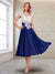 A-Line/Princess Cap Sleeves V-Neck Tea-Length Mother of the Bride with Appliques