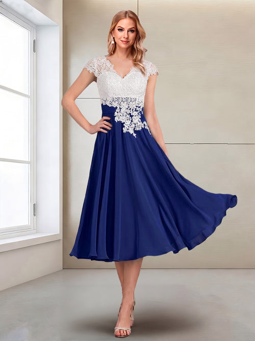 A-Line/Princess Cap Sleeves V-Neck Tea-Length Mother of the Bride with Appliques