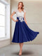 A-Line/Princess Cap Sleeves V-Neck Tea-Length Mother of the Bride with Appliques
