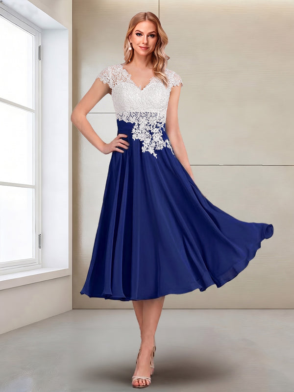 A-Line/Princess Cap Sleeves V-Neck Tea-Length Mother of the Bride with Appliques