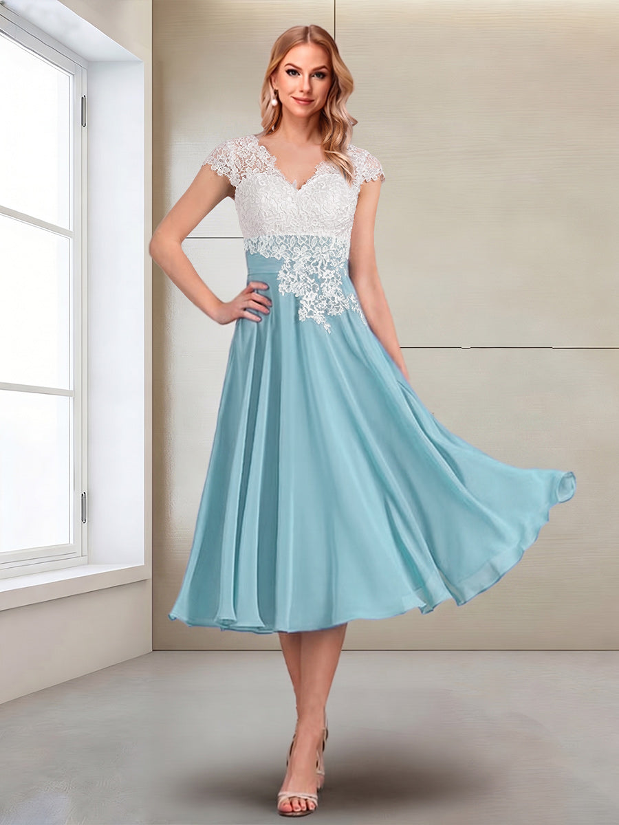 A-Line/Princess Cap Sleeves V-Neck Tea-Length Mother of the Bride with Appliques