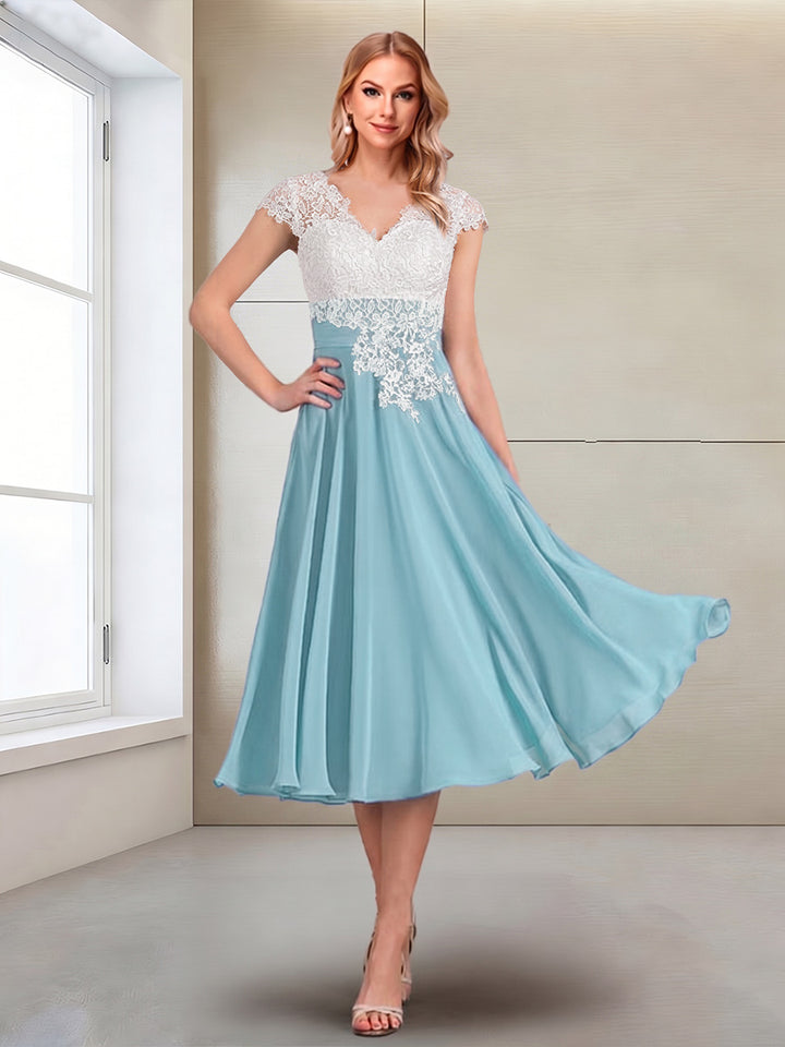 A-Line/Princess Cap Sleeves V-Neck Tea-Length Mother of the Bride with Appliques
