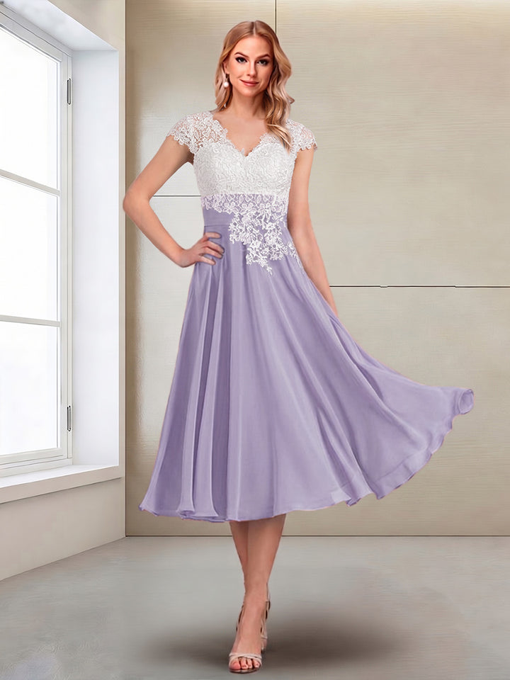 A-Line/Princess Cap Sleeves V-Neck Tea-Length Mother of the Bride with Appliques
