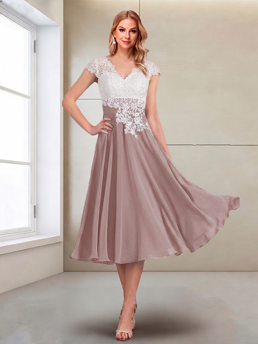A-Line/Princess Cap Sleeves V-Neck Tea-Length Mother of the Bride with Appliques