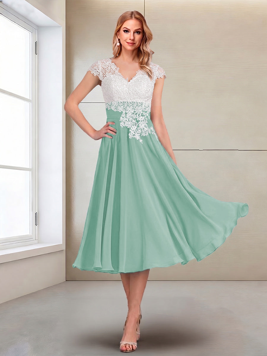 A-Line/Princess Cap Sleeves V-Neck Tea-Length Mother of the Bride with Appliques