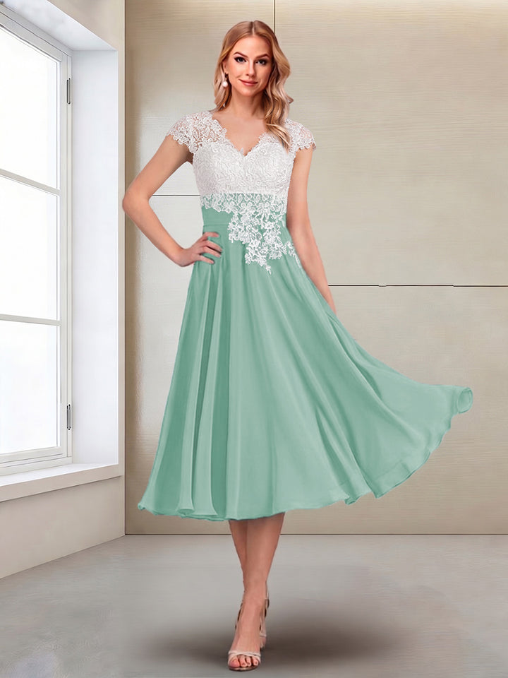 A-Line/Princess Cap Sleeves V-Neck Tea-Length Mother of the Bride with Appliques