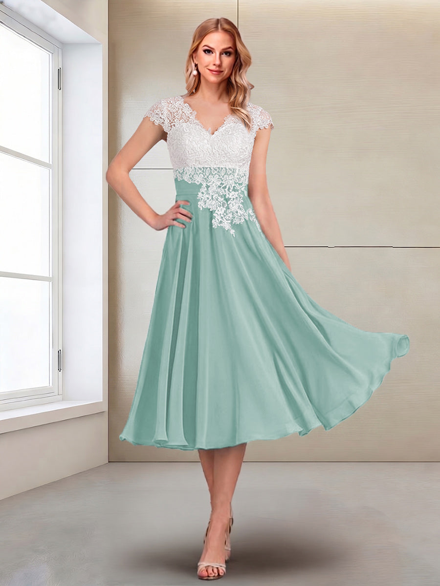A-Line/Princess Cap Sleeves V-Neck Tea-Length Mother of the Bride with Appliques