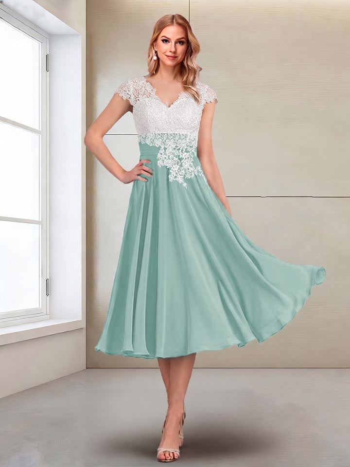 A-Line/Princess Cap Sleeves V-Neck Tea-Length Mother of the Bride with Appliques