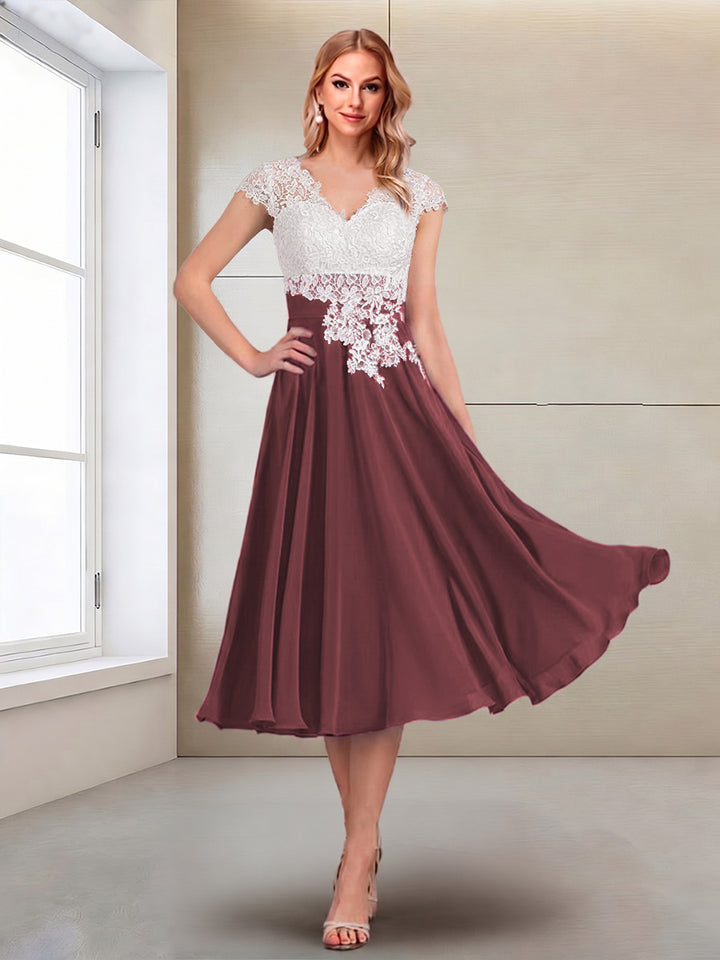 A-Line/Princess Cap Sleeves V-Neck Tea-Length Mother of the Bride with Appliques