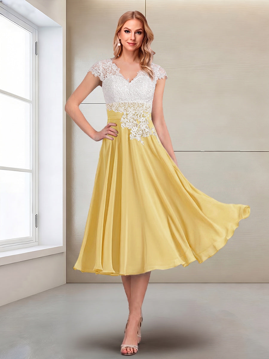 A-Line/Princess Cap Sleeves V-Neck Tea-Length Mother of the Bride with Appliques