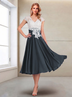 A-Line/Princess Cap Sleeves V-Neck Tea-Length Mother of the Bride with Appliques