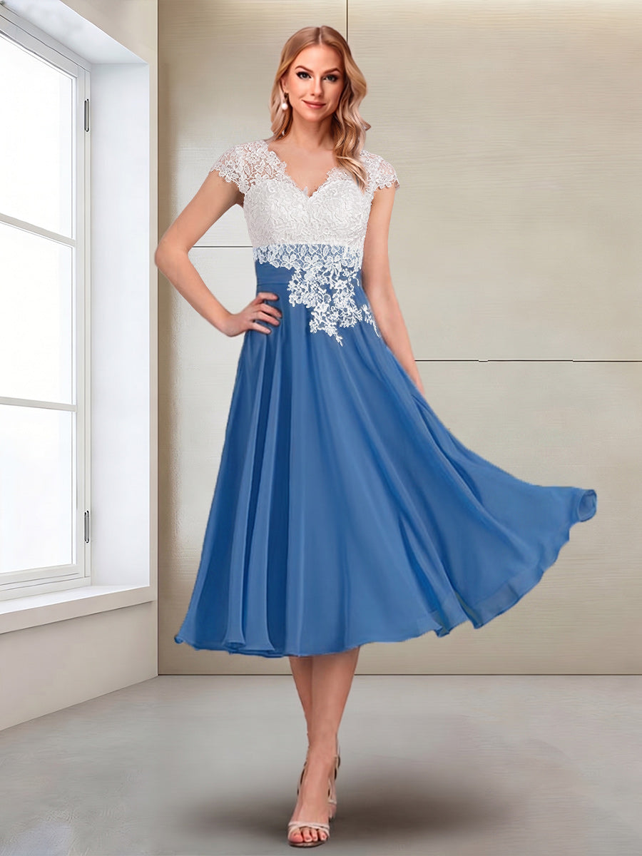 A-Line/Princess Cap Sleeves V-Neck Tea-Length Mother of the Bride with Appliques