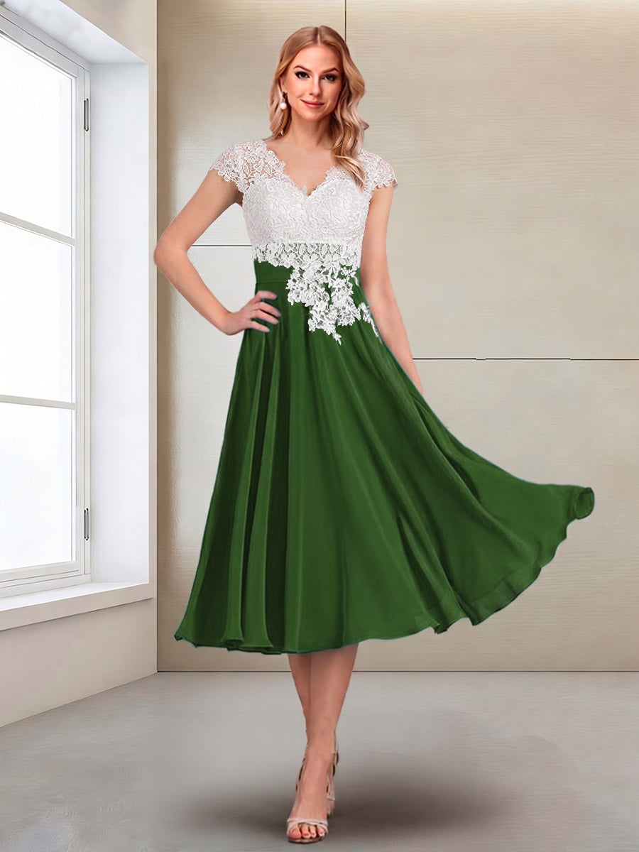 A-Line/Princess Cap Sleeves V-Neck Tea-Length Mother of the Bride with Appliques