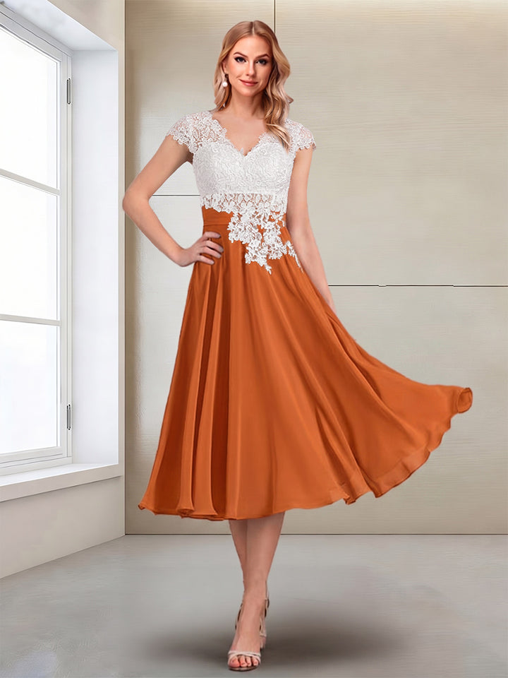 A-Line/Princess Cap Sleeves V-Neck Tea-Length Mother of the Bride with Appliques