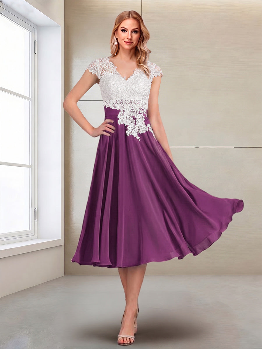 A-Line/Princess Cap Sleeves V-Neck Tea-Length Mother of the Bride with Appliques