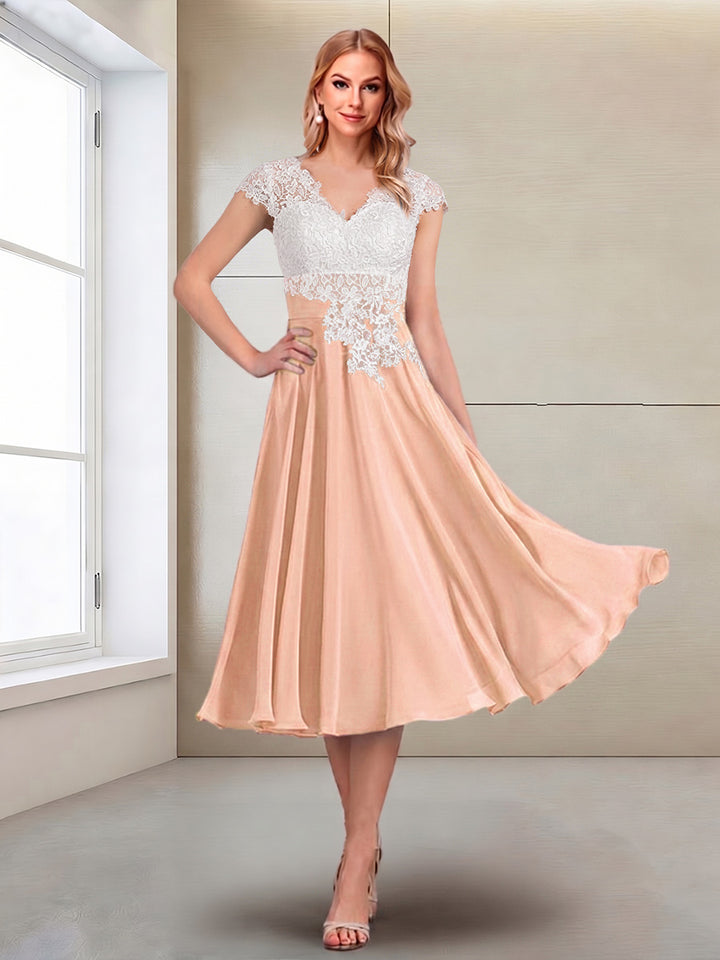 A-Line/Princess Cap Sleeves V-Neck Tea-Length Mother of the Bride with Appliques