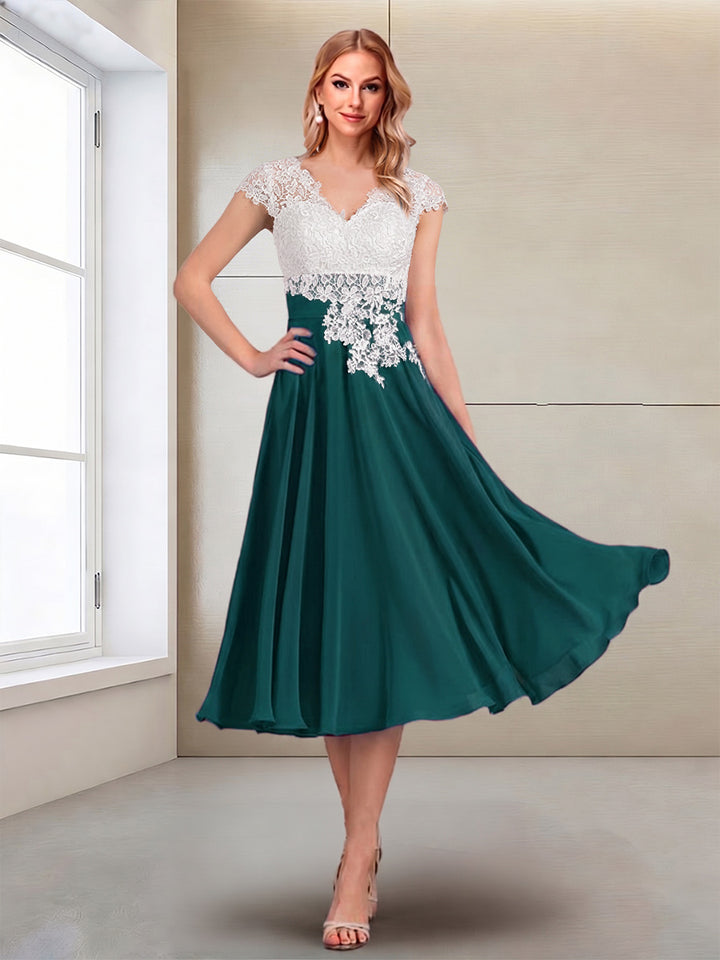 A-Line/Princess Cap Sleeves V-Neck Tea-Length Mother of the Bride with Appliques