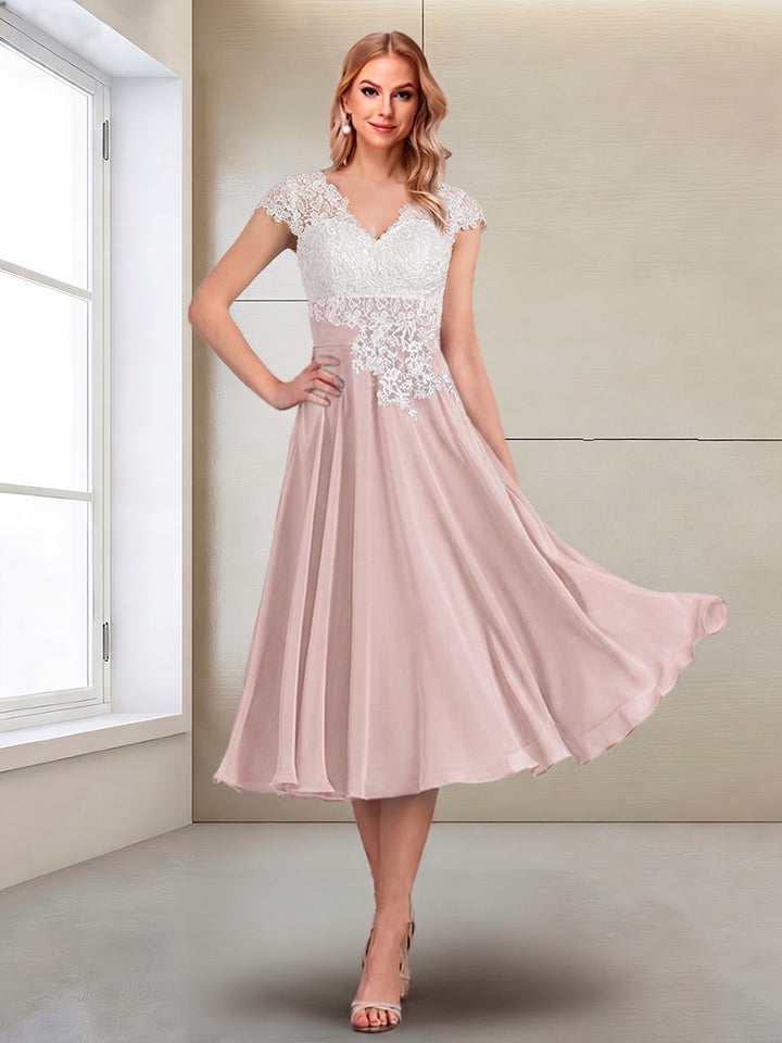 A-Line/Princess Cap Sleeves V-Neck Tea-Length Mother of the Bride with Appliques