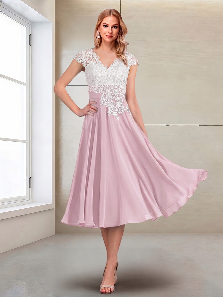 A-Line/Princess Cap Sleeves V-Neck Tea-Length Mother of the Bride with Appliques