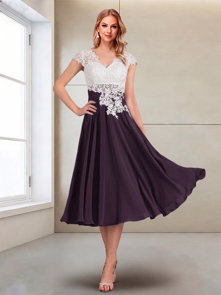 A-Line/Princess Cap Sleeves V-Neck Tea-Length Mother of the Bride with Appliques