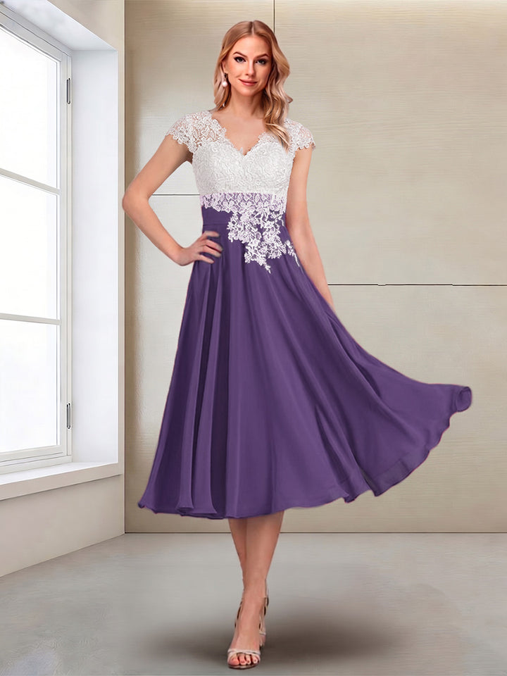 A-Line/Princess Cap Sleeves V-Neck Tea-Length Mother of the Bride with Appliques