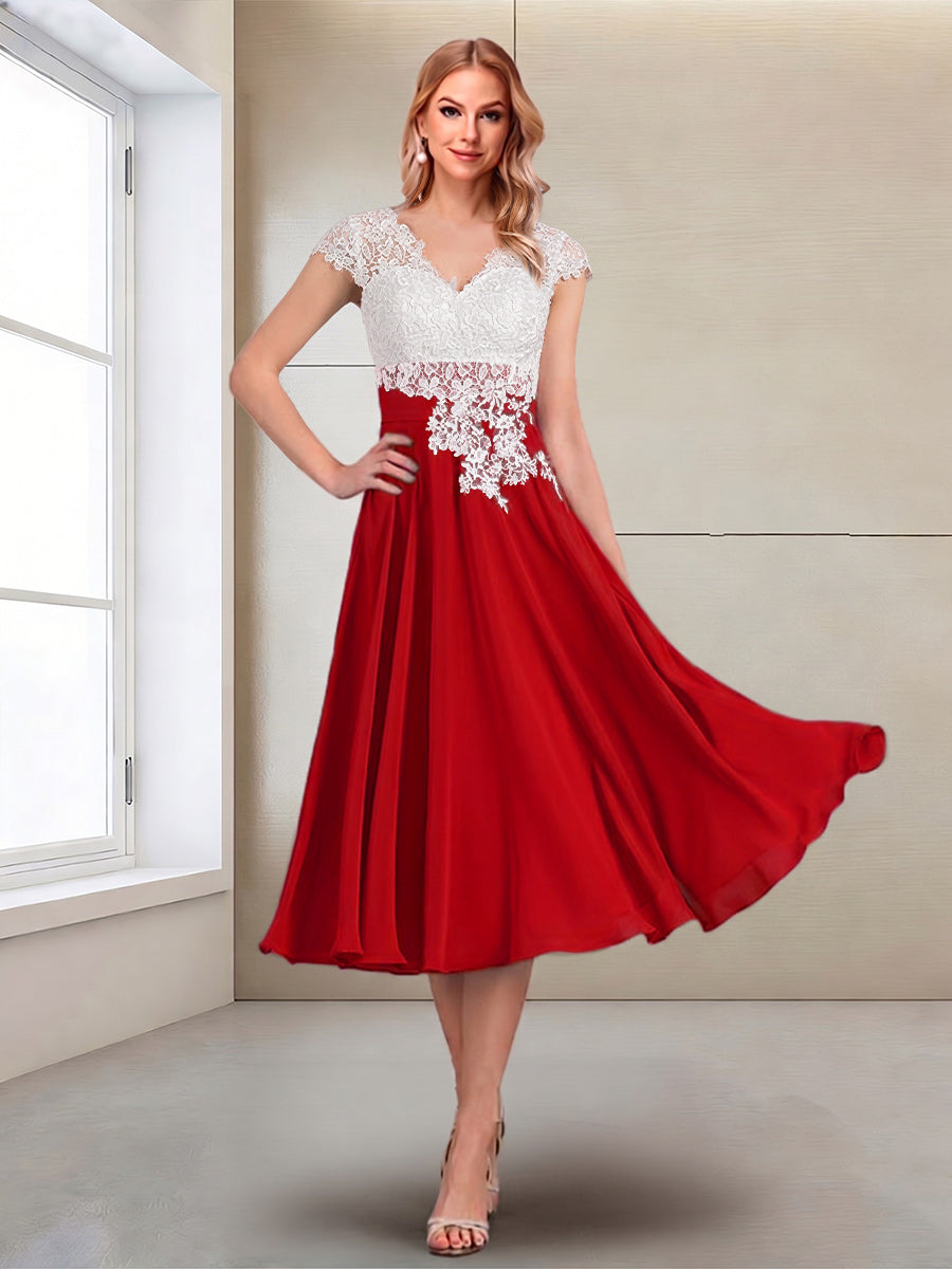 A-Line/Princess Cap Sleeves V-Neck Tea-Length Mother of the Bride with Appliques