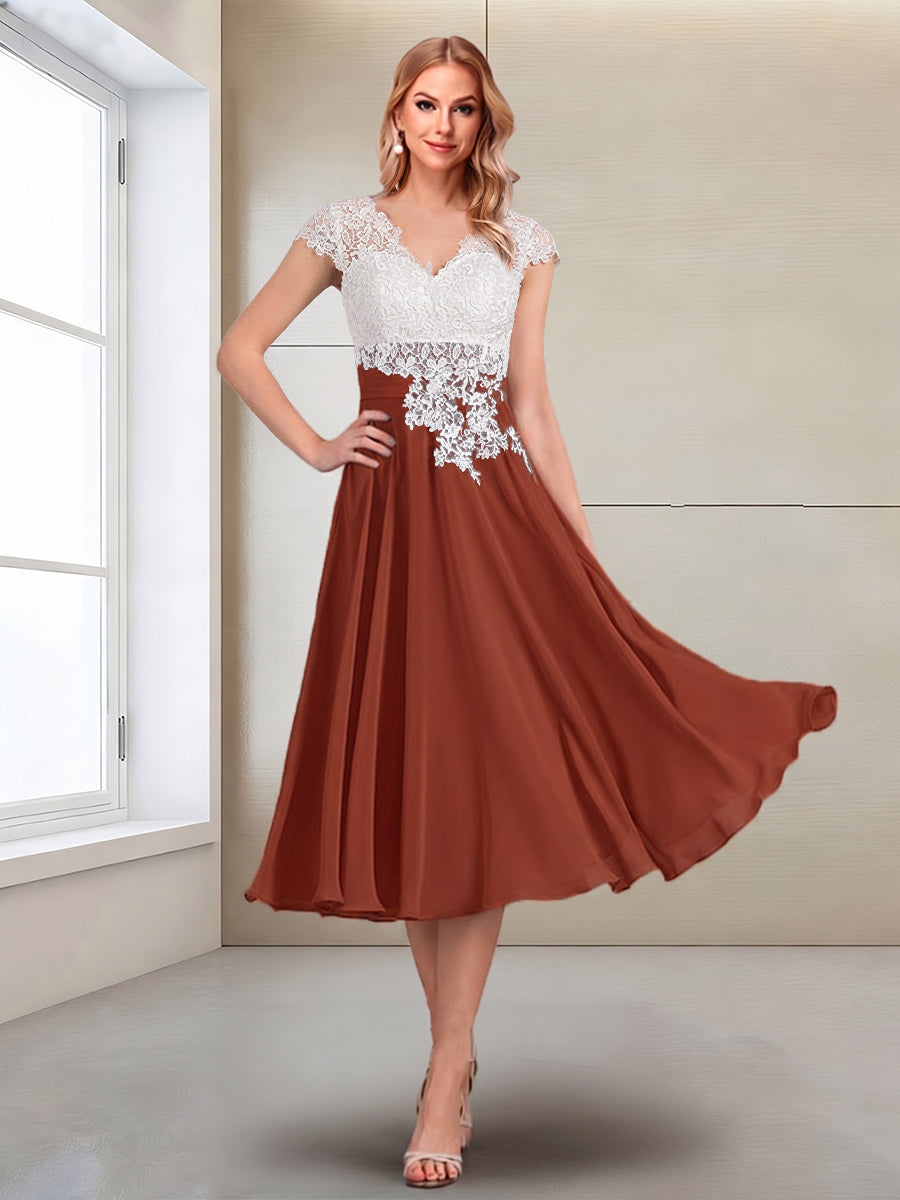 A-Line/Princess Cap Sleeves V-Neck Tea-Length Mother of the Bride with Appliques