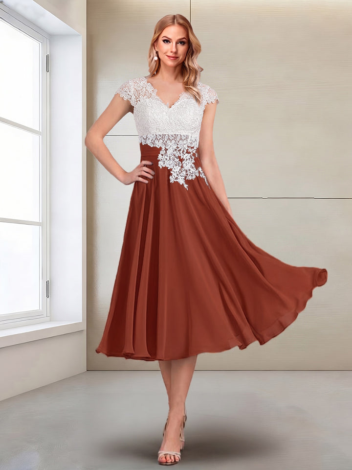 A-Line/Princess Cap Sleeves V-Neck Tea-Length Mother of the Bride with Appliques