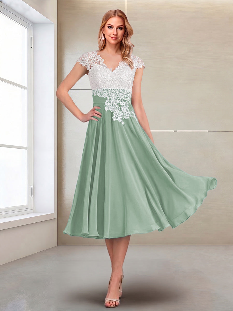 A-Line/Princess Cap Sleeves V-Neck Tea-Length Mother of the Bride with Appliques