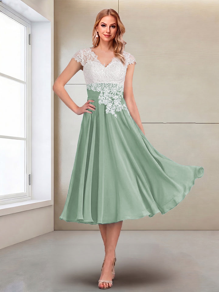 A-Line/Princess Cap Sleeves V-Neck Tea-Length Mother of the Bride with Appliques