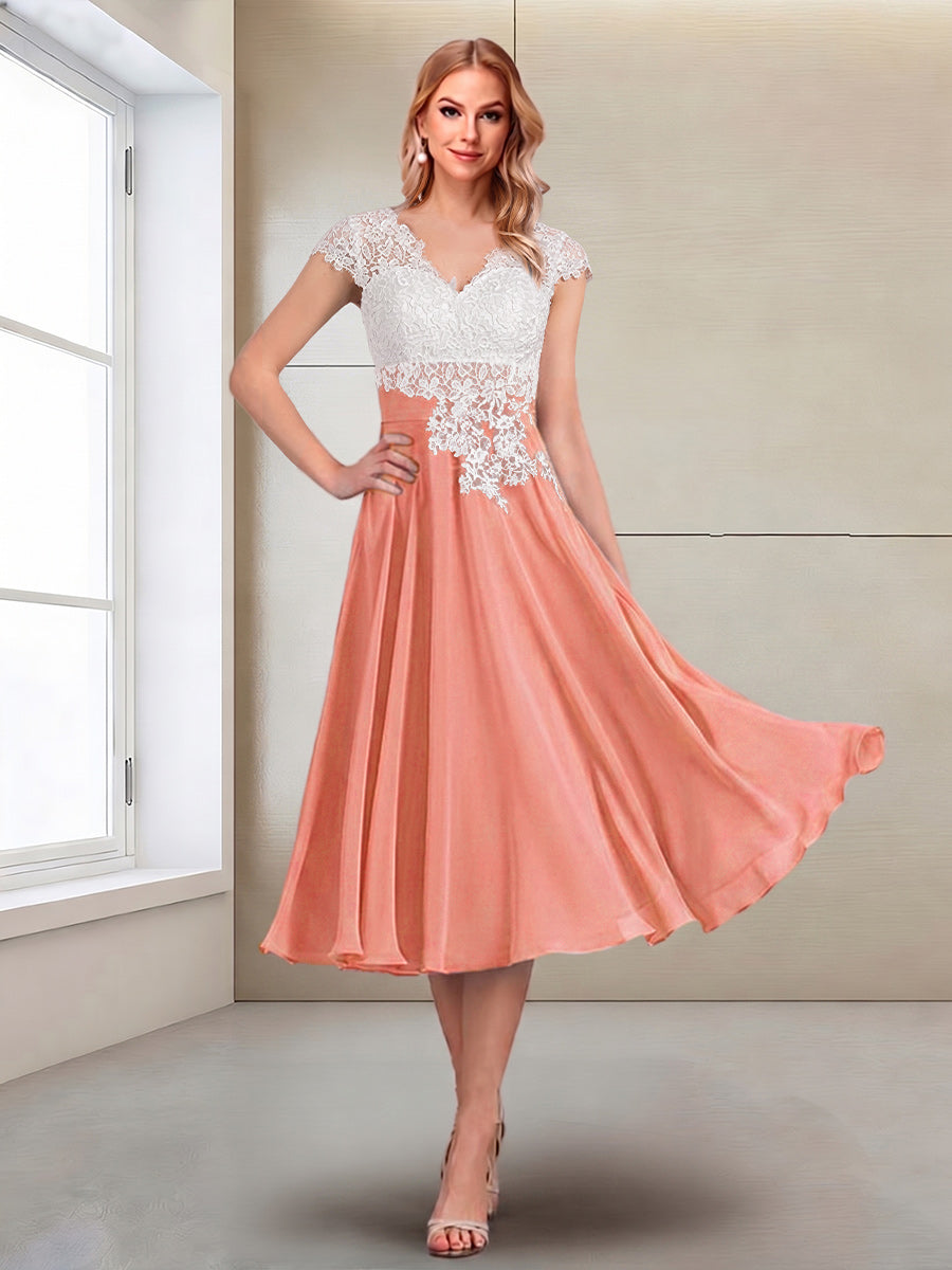 A-Line/Princess Cap Sleeves V-Neck Tea-Length Mother of the Bride with Appliques
