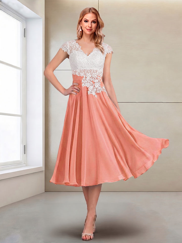 A-Line/Princess Cap Sleeves V-Neck Tea-Length Mother of the Bride with Appliques