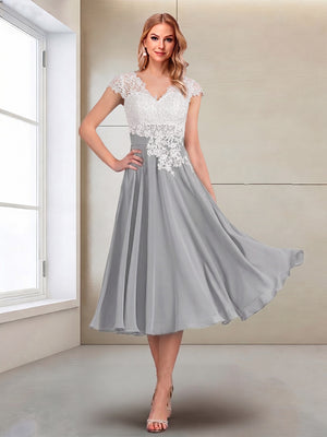 A-Line/Princess Cap Sleeves V-Neck Tea-Length Mother of the Bride with Appliques