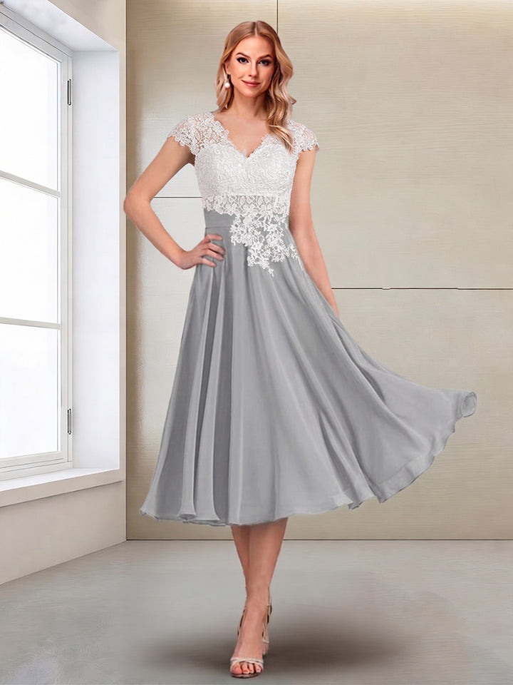 A-Line/Princess Cap Sleeves V-Neck Tea-Length Mother of the Bride with Appliques