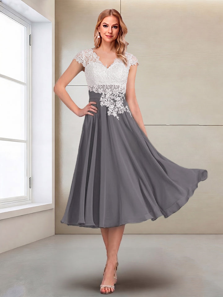 A-Line/Princess Cap Sleeves V-Neck Tea-Length Mother of the Bride with Appliques